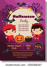 halloween deep flat poster with kid devil costume