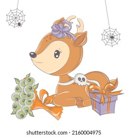 Halloween deer illustration with pumpkin. Vector illustration of Halloween animal. Cute little illustration Halloween deer for kids, fairy tales, covers, baby shower, textile t-shirt, baby book.