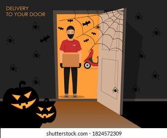 Halloween. Delivery guy wearing a mask and gloves, handing box on doorway. Full length man with delivery motorbike in the background.
Open doors. Outside the house. Stock vector illustration.