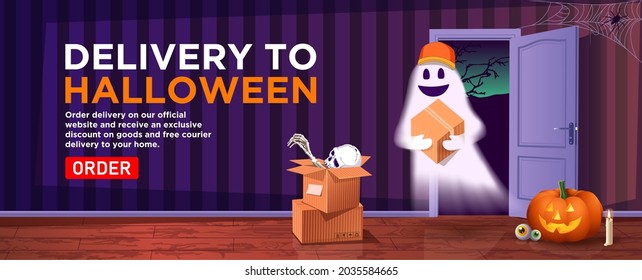 Diseño de banner y servicio de entrega de Halloween. Un mensajero fantasma con una caja en una tapa en la puerta delantera. Skeleton mano y cráneo. Solicite una compra en la tienda en línea en casa. Concepto de ventas. Vector 