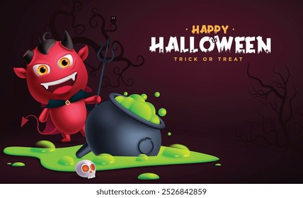 Halloween design de vetor de personagem demônio. Feliz halloween truque ou tratar texto saudação com demônio personagem monstro com caldeirão e elementos líquidos verdes em fundo de noite assustador.