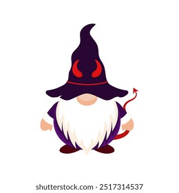 Halloween gnomo demoníaco com cauda e chapéu com chifres. Personagem de férias com chapéu roxo cobrindo seus olhos com barba branca como símbolo festivo do carnaval vetorial