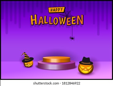 Halloween design 3d style with pumpkin on purple background