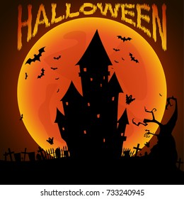 Halloween design background with castle , bats and full moon. Vector illustration