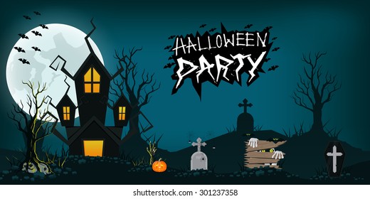 Halloween design background element, haunted house, graveyard, pumpkins, bats and full moon, vector illustration