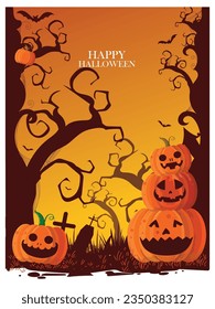 Halloween design background with pumpkins, bats silhouettes icon vector illustration.