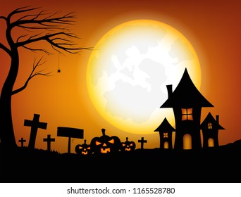 Halloween design background with spooky graveyard, naked trees, graves, Jack pumpkin, full moon and castle , Vector illustration