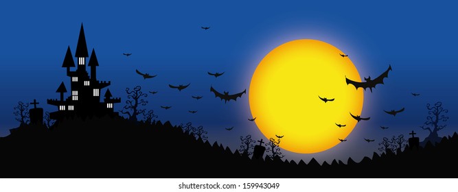 Halloween design background with spooky graveyard, naked trees, graves and bats and Copyspace 