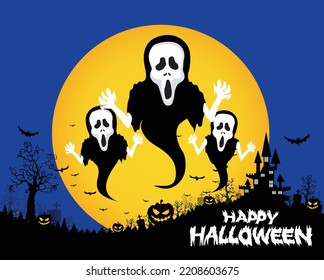 Halloween design background with spooky graveyard, naked trees, graves and bats and Copyspace.