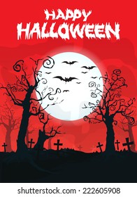 Halloween design background with spooky graveyard, naked trees, graves and bats and Copyspace 