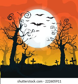 Halloween design background with spooky graveyard, naked trees, graves and bats and Copyspace 