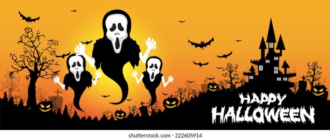 Halloween design background with spooky graveyard, naked trees, graves and bats and Copyspace 