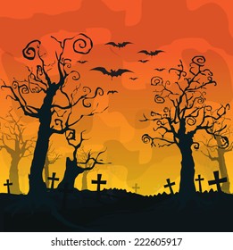 Halloween design background with spooky graveyard, naked trees, graves and bats and Copyspace 