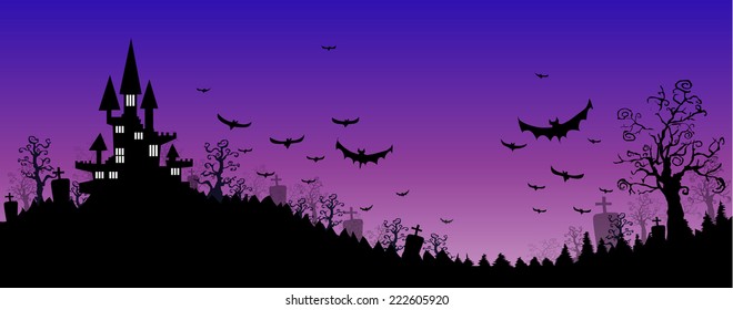 Halloween design background with spooky graveyard, naked trees, graves and bats and Copyspace 