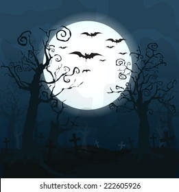 Halloween design background with spooky graveyard, naked trees, graves and bats and Copyspace 