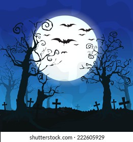 Halloween design background with spooky graveyard, naked trees, graves and bats and Copyspace 