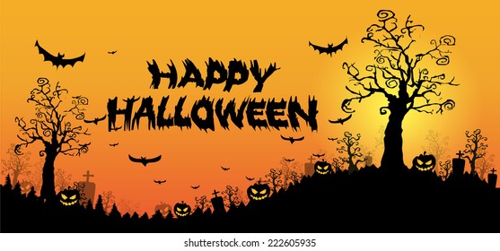 Halloween design background with spooky graveyard, naked trees, graves and bats and Copyspace 