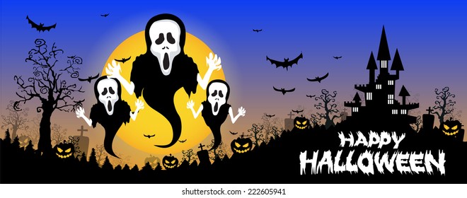 Halloween design background with spooky graveyard, naked trees, graves and bats and Copyspace 
