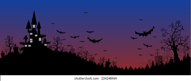 Halloween design background with spooky graveyard, naked trees, graves and bats and Copyspace 