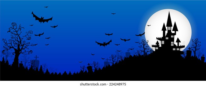 Halloween design background with spooky graveyard, naked trees, graves and bats and Copyspace 