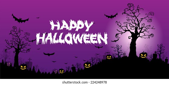 Halloween design background with spooky graveyard, naked trees, graves and bats and Copyspace 