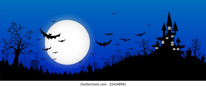 Halloween design background with spooky graveyard, naked trees, graves and bats and Copyspace 