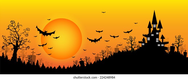 Halloween design background with spooky graveyard, naked trees, graves and bats and Copyspace 
