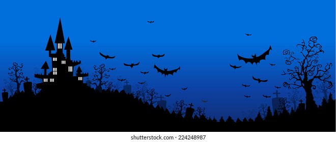 Halloween design background with spooky graveyard, naked trees, graves and bats and Copyspace 