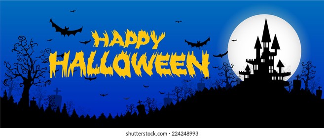 Halloween design background with spooky graveyard, naked trees, graves and bats and Copyspace 