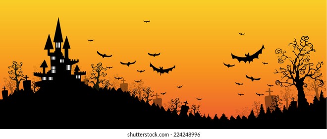 Halloween design background with spooky graveyard, naked trees, graves and bats and Copyspace 