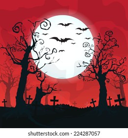 Halloween design background with spooky graveyard, naked trees, graves and bats and Copyspace 