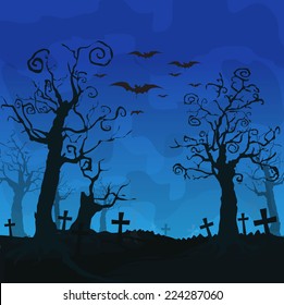 Halloween design background with spooky graveyard, naked trees, graves and bats and Copyspace 