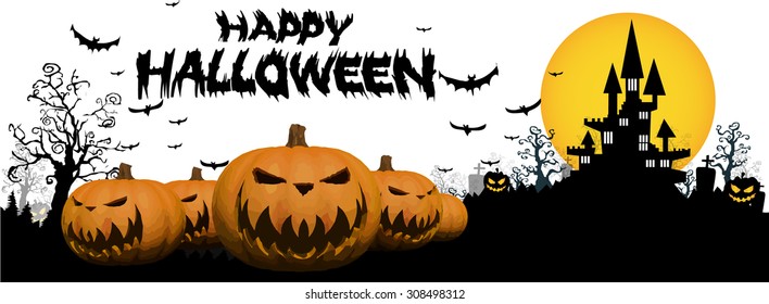 Halloween design background with spooky graveyard, naked trees, graves and bats and Copyspace