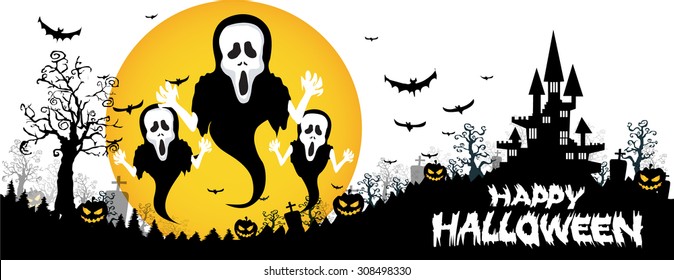 Halloween design background with spooky graveyard, naked trees, graves and bats and Copyspace