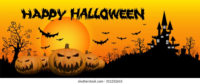 Halloween design background with spooky graveyard, naked trees, graves and bats and Copyspace