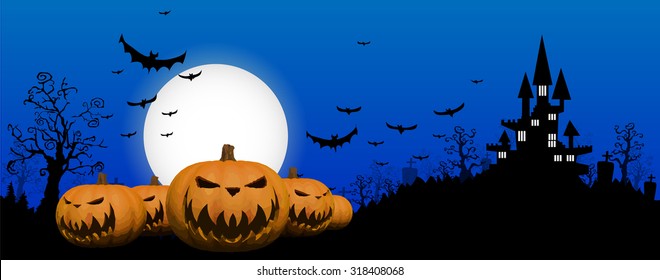 Halloween design background with spooky graveyard, naked trees and Copyspace. Halloween illustration