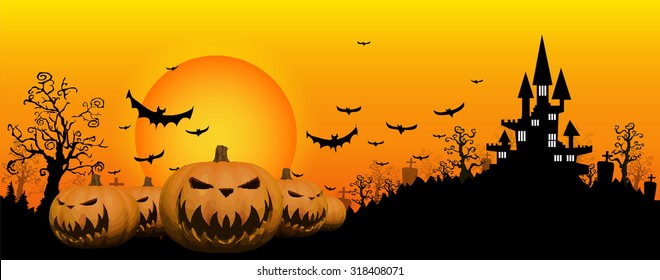 Halloween design background with spooky graveyard, naked trees and Copyspace. Halloween illustration