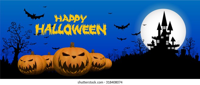 Halloween design background with spooky graveyard, naked trees and Copyspace. Halloween illustration