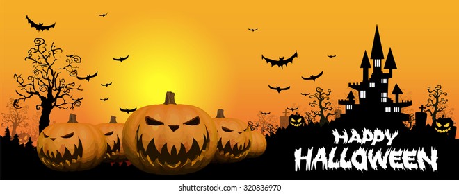 Halloween design background with spooky graveyard, naked trees and Copyspace. Halloween illustration