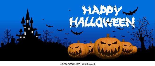 Halloween design background with spooky graveyard, naked trees and Copyspace. Halloween illustration