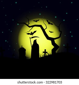 Halloween design background with spooky graveyard, naked tree, graves,bats and grim reaper silhouette.