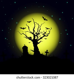 Halloween design background with spooky graveyard, naked tree, graves and bats
