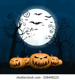 Halloween design background with spooky graveyard, naked trees and Copyspace. Halloween illustration