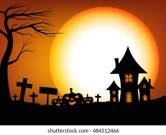 Halloween design background with spooky graveyard, naked trees, graves, Jack pumpkin, full moon and castle , Vector illustration