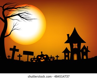 Halloween design background with spooky graveyard, naked trees, graves, Jack pumpkin, full moon and castle , Vector illustration