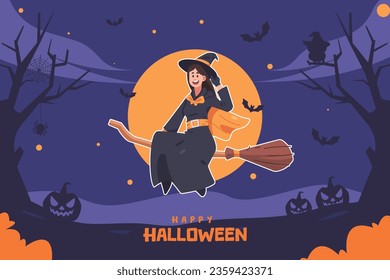 halloween design banner, illustration of witch flying on broomstick