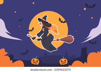 halloween design banner, illustration of witch flying on broomstick