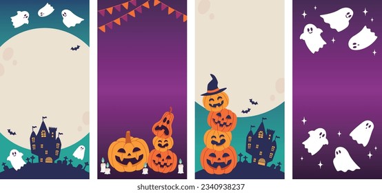 Halloween design banner set, full moon and pumpkin, turquoise and purple background	
