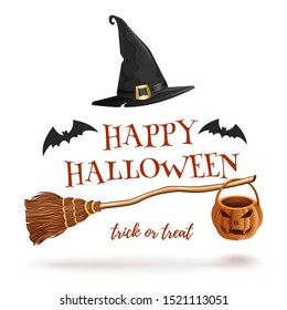 Halloween design with bats, witches broom and hat. Happy Halloween and trick or treat lettering for banner, poster and greeting card. Vector illustration isolated on white