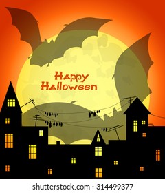 halloween design - big shadow of two  bats flying over night town  on big yellow moon and orange sky background, vector illustration